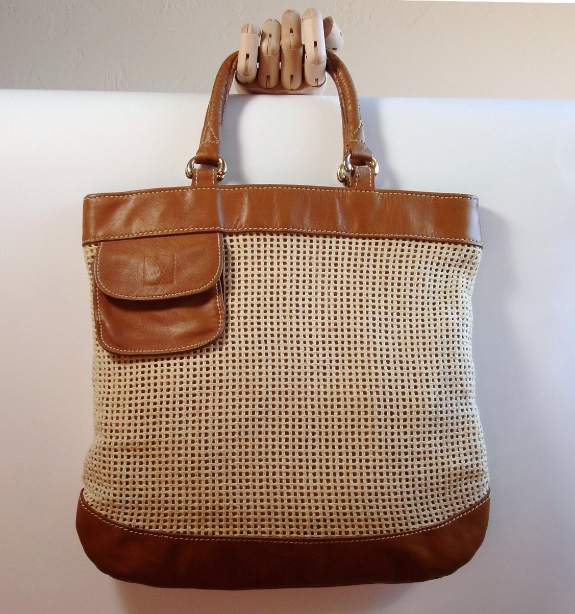 vintage Anne Klein summer bag with leather trim and top handles
