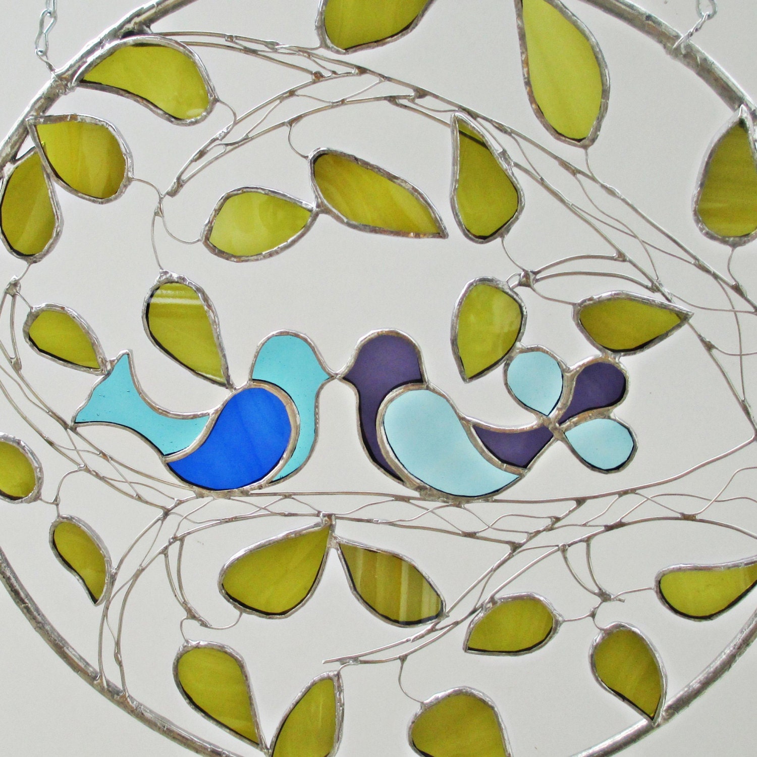 Lovebirds in a Tree Stained Glass Circle Suncatcher with Recycled Glass