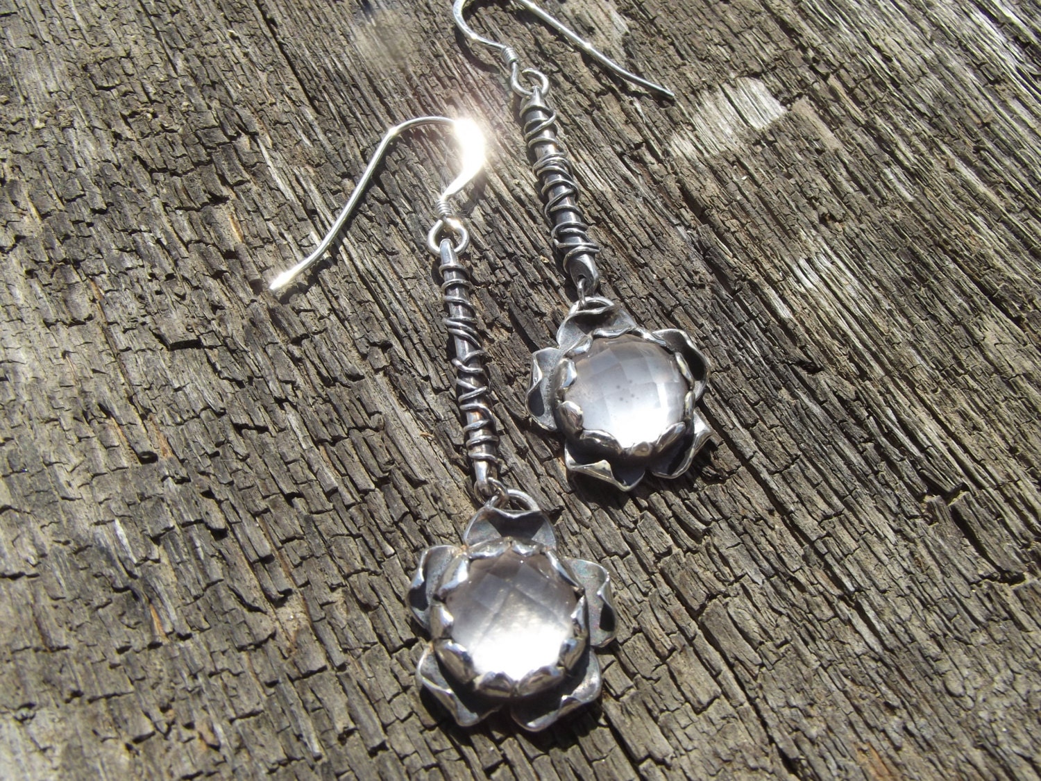 Oxidised  Sterling Rose Quartz Drop Earrings.  Hortensia Gothic