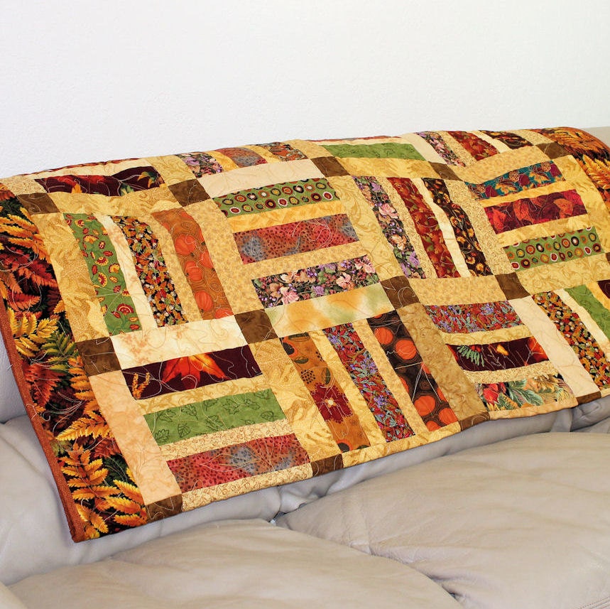 Autumn Leaves Lap Quilt or Sofa Throw in Brown, Rust and Green