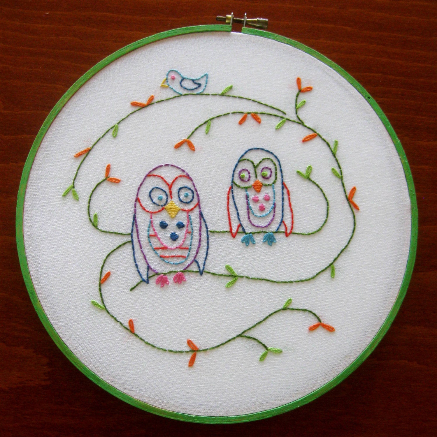 Owl Embroidery Wall Art Linen Hoop Art Bird Aqua Coral Lime Purple Pink