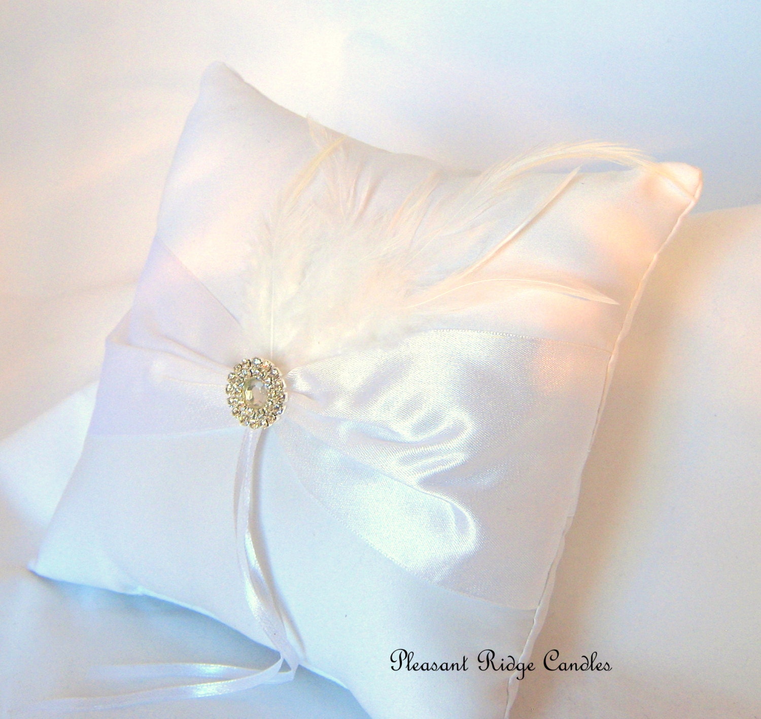 White Feather Pillow Bling Ring Bearer Satin Rhinestone Choice Wedding Ribbon Color Choice
