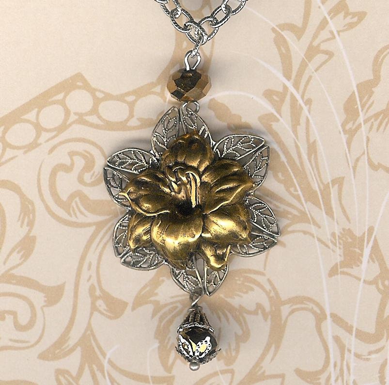 50% off SALE- Garden Girl Collection- Antique Gold Lily Pendant with Bronze Crystals on Antique Silver Chain