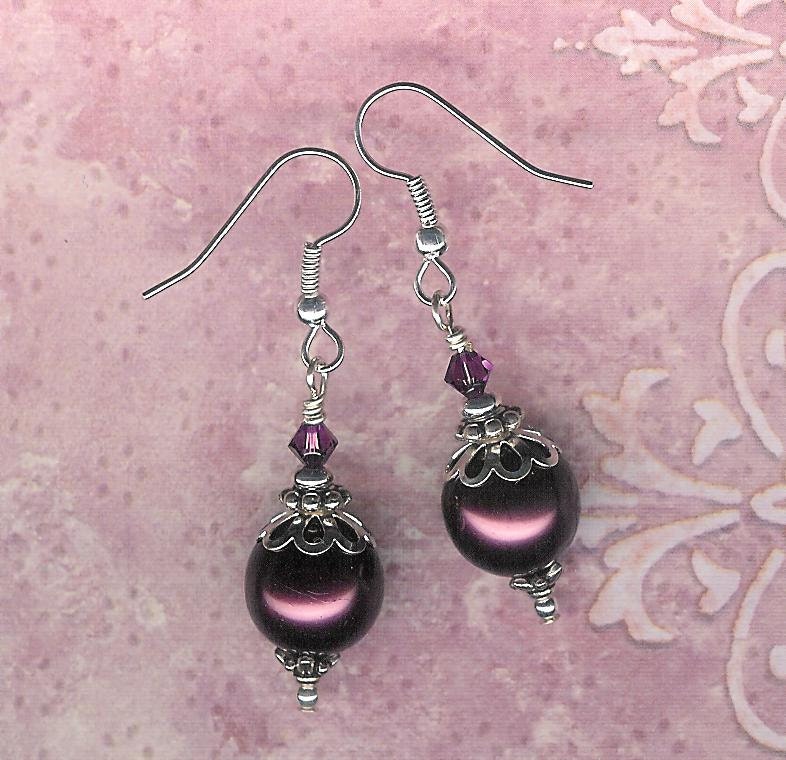 50% off SALE- Amethyst Swarovski Austrian Crystal and Eggplant Pearl with Silver Julie Earrings