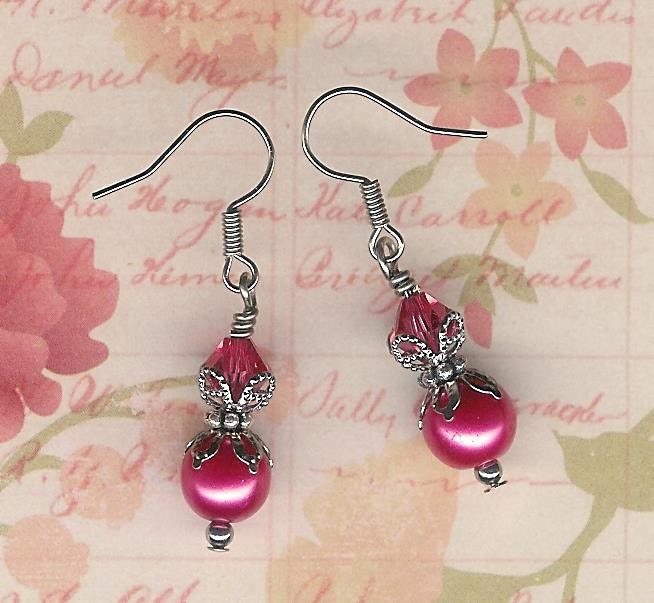50% off SALE- Petite and Pretty Raspberry Pearl Earrings with Filigree Bead Caps and Austrian Swarovski Indian Pink Crystal