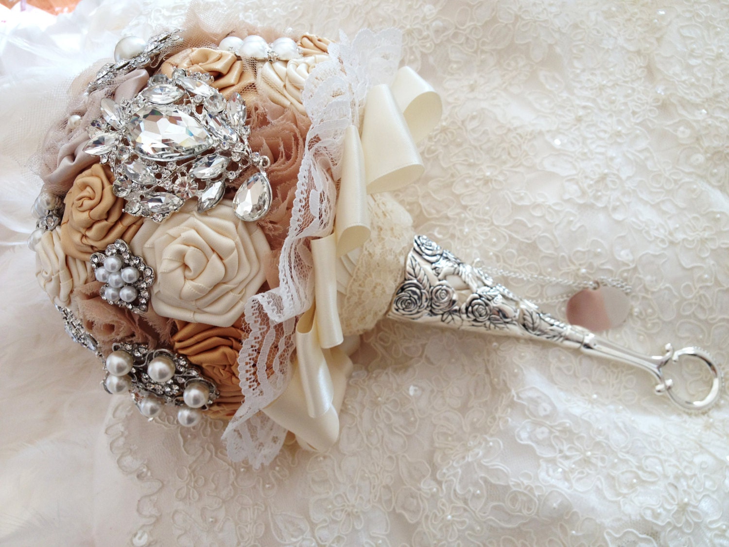 Bridal Brooch Bouquet, Champagne Brooch Bouquet with Jeweled Fabric Flowers, Wedding Brooch Bouquet