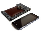 HTC One S wallet - gray herringbone and brown leather