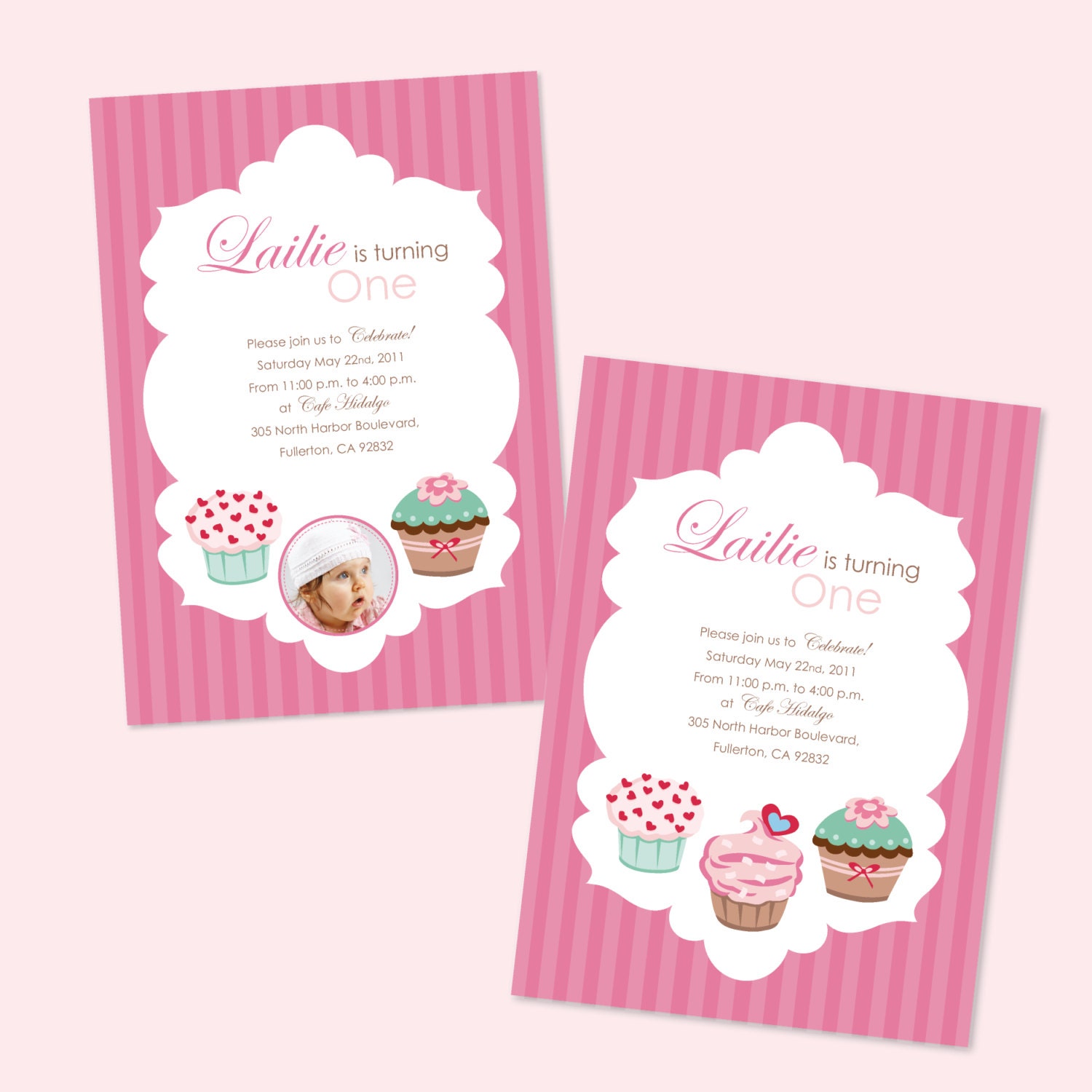 Custom Pink and Green Cupcake Printable DIY Invitation 5x7
