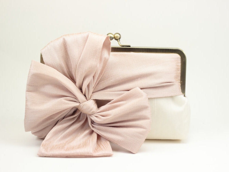 Bridal Clutch / Wedding Clutch / Bridesmaid Clutch Purse (Classic Bow Clutch : Blush on Ivory)