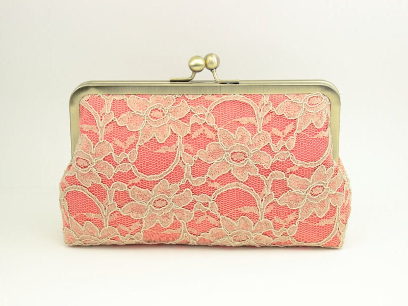 Bridesmaid Clutch / Bridal Lace Clutch / Bridesmaid Gift Clutch (Antoinette Clutch : Champagne on Coral