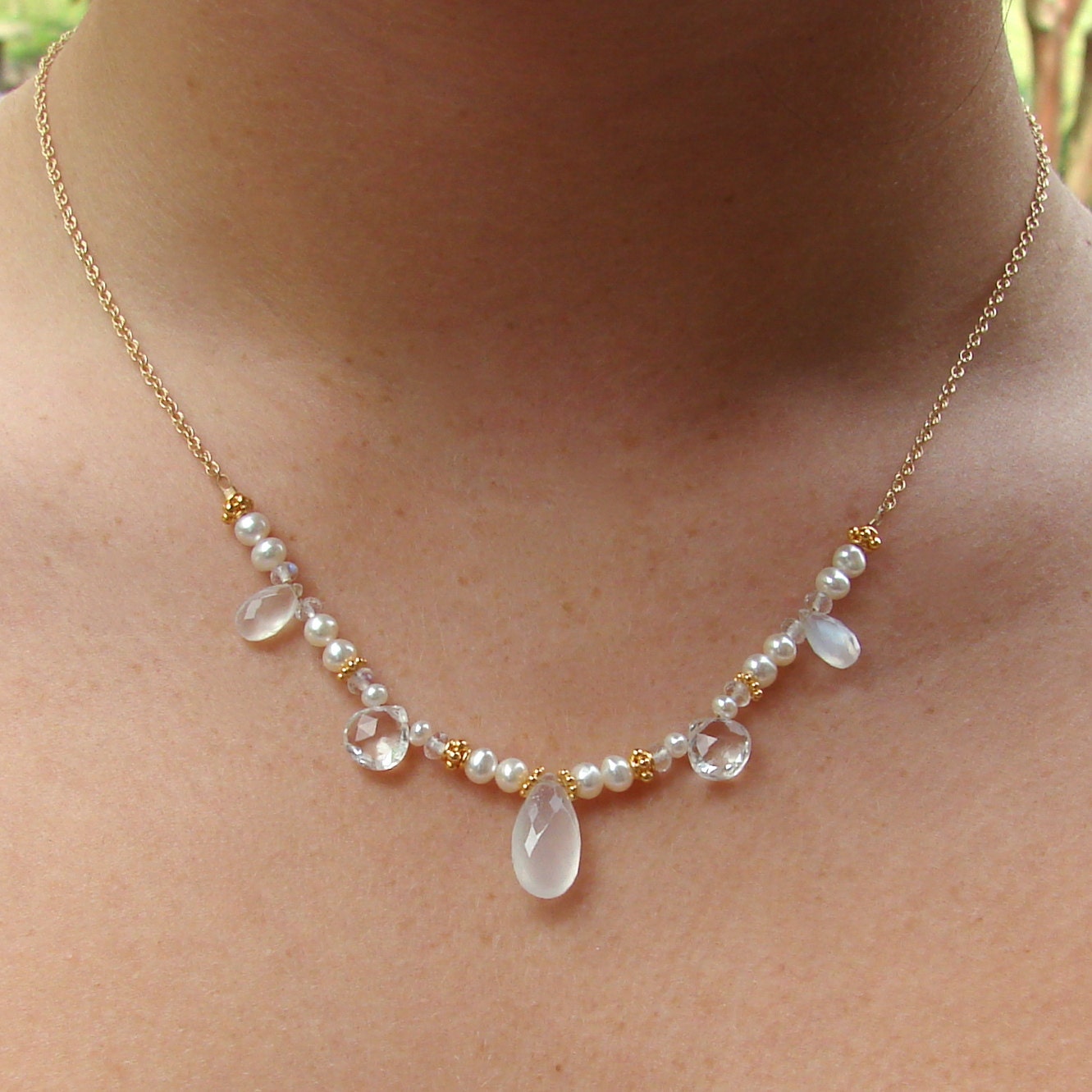 Moonstone  Pearl Necklace--Jewel Drop Gold Series