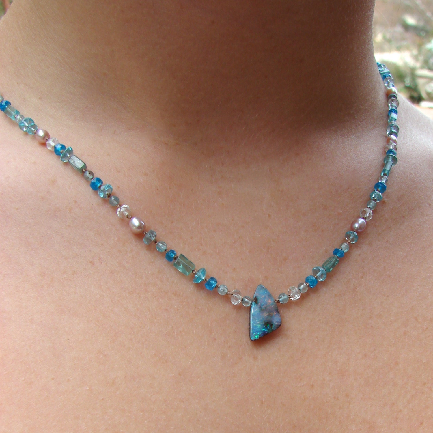 Boulder Opal, Gemstone and Pearl Knotted Silk Necklace --Aqua and Rose
