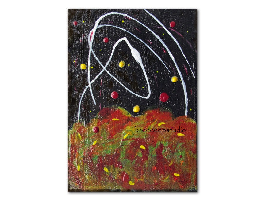 Garden Night painting 5x7 acrylic on canvas abstract chocolate brown yellow modern fine art