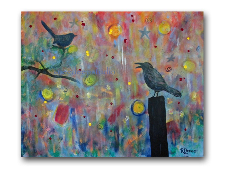 Sunrise Song abstract painting 24x30 fine art on canvas birds modern aqua blue orange magenta colorful wall decor