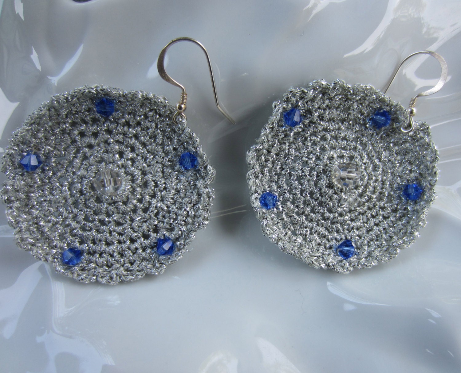 Crochet Silver Gray Metallic & Blue Sapphire Swarovski Earrings with Sterling Silver
