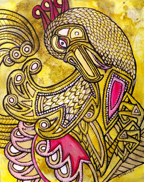 Original Mixed Media Painting / Tribal Bird Animal Art