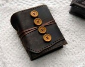 Buttoned - Small Rustic Leather Journal, Dark Brown, Embossed, Tea Stained Recycled Pages, Vintage Buttons, OOAK
