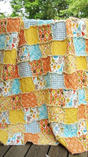 Rag Quilt Throw, Large, Central Park, yellow orange blue,  ALL NATURAL, fresh modern handmade, READY to ship