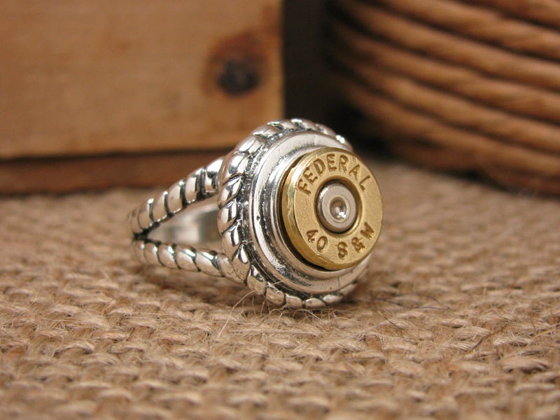 Bullet Casing Jewelry - Sterling Rope Embellished Split Shank Brass Federal 40 S&W Bullet Casing Ring