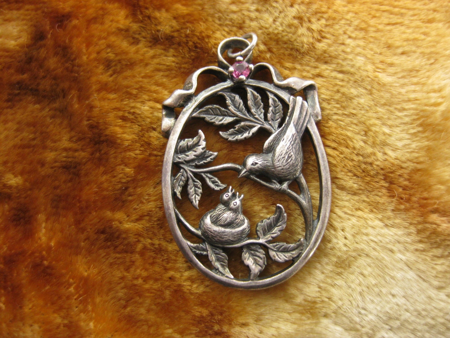 Pendant - Sterling Silver - Bird Pendant - Mommy Bird Feeding Babies - Red Stone Jewelry - Large Oval Pendent - FM 925