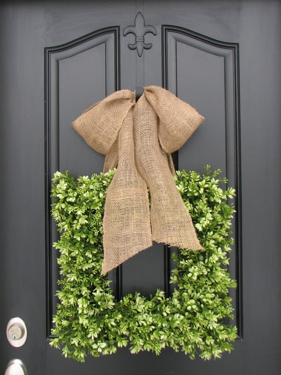 Wreaths - Boxwood Wreath - Square Wreath - Spring Decor - Burlap Ribbon - Year Round Wreath