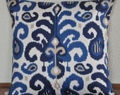 Decorative Ikat Pillow Cover 20x20 inches Navy Blue White Tan Pillow Cover