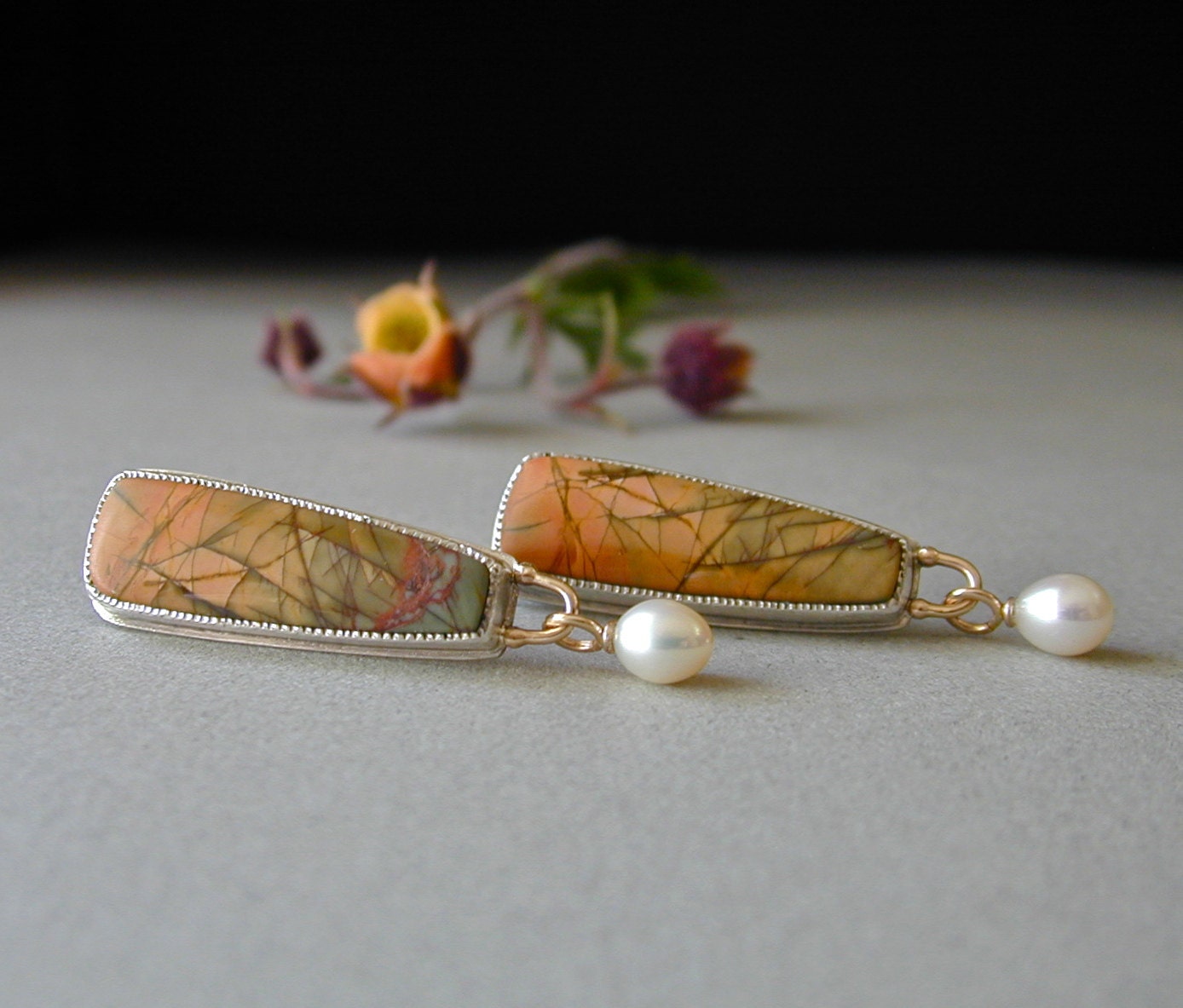 Jasper Earrings, Cherry Creek Jasper, Pearl Drops, Sterling Silver, 14kt Gold, Post Earrings, Elegant