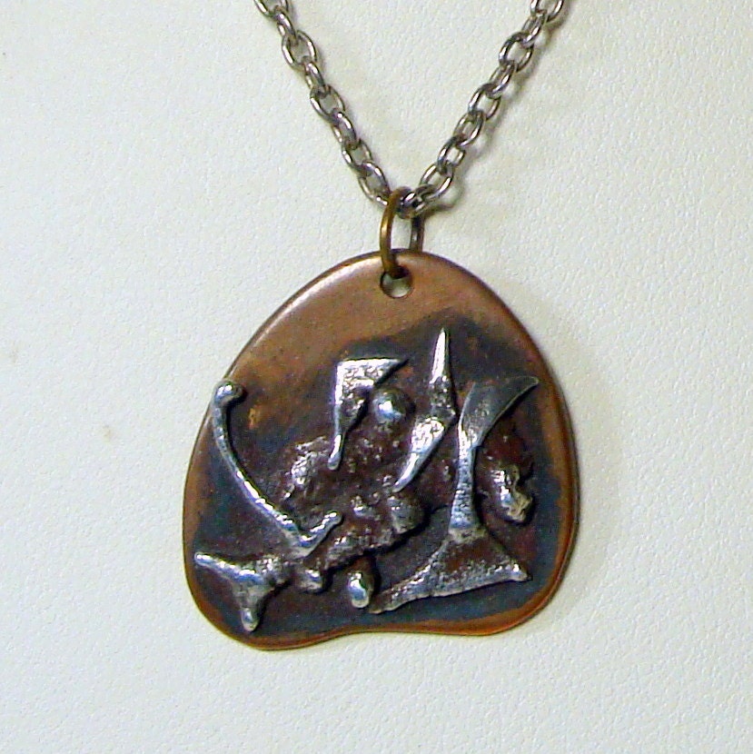 Mid Century Copper Sterling Abstract Pendant, Silvertone Chain, OOAK Rachelle Starr 1960s Klee Influence Vintage