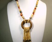 Bone Wood Agate Tassel Necklace, 1970s Long Bone Beads, Boho Woodstock Era, Metal Spacers, 5 Pachyderms