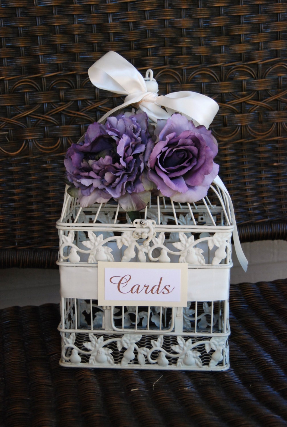 MEDIUM Ivory Shabby Chic Wedding Bird Cage Card Holder - Ivory and Vintage Purple