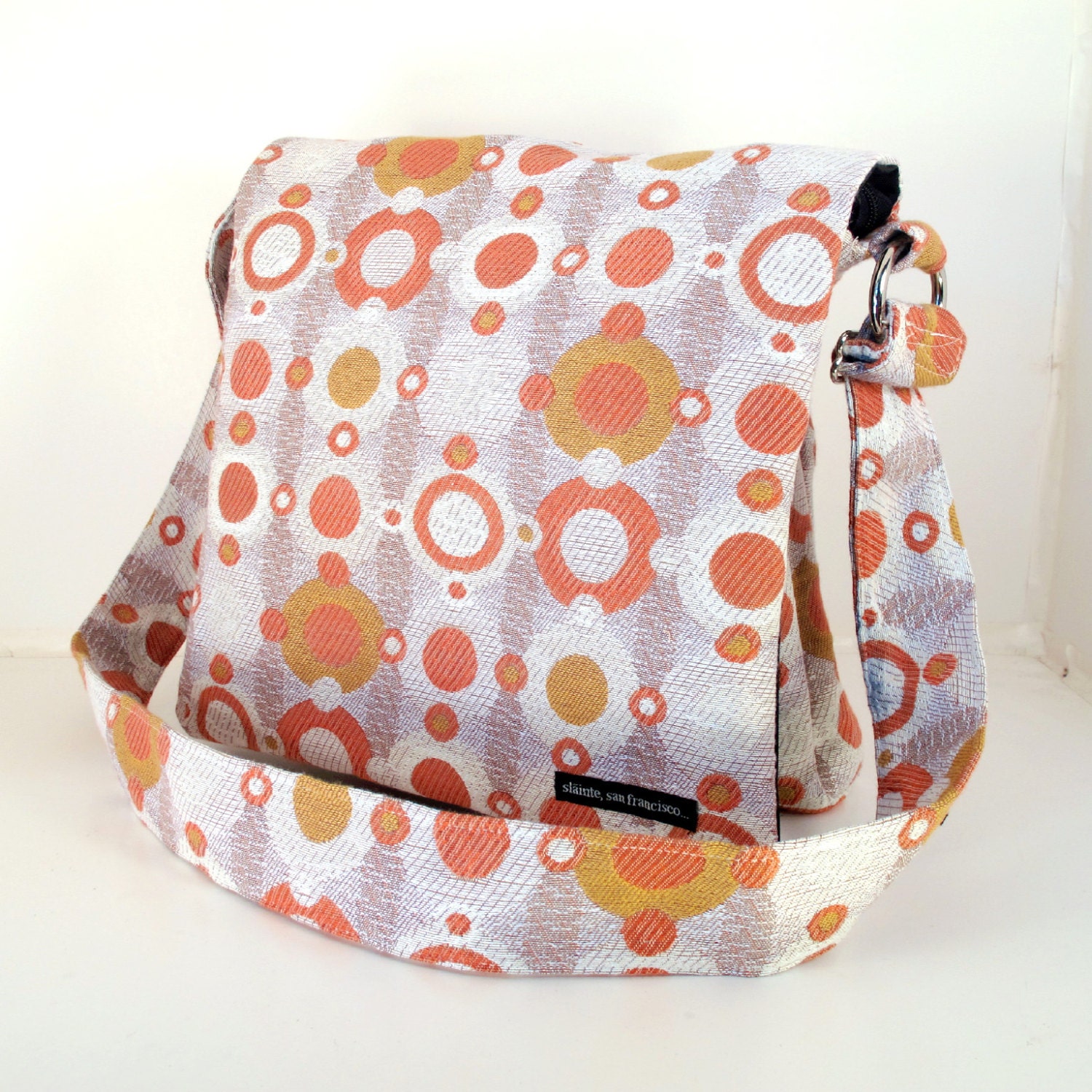 MESSENGER BAG in "Retro". Cross Body Bag. Travel Bag. Summer Fabric Bag. Orange circle bags. Mid-century Bags. Bags Made in USA.