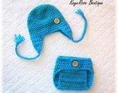 Newborn Baby Boy Ear Flap Hat & Diaper Cover Set Blue Stripes