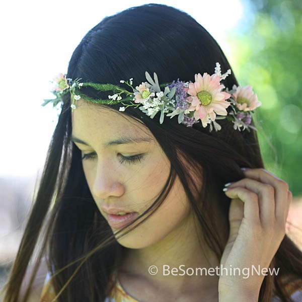 Wedding flower crown, floral wreath in pink and lilac, flower wedding head piece