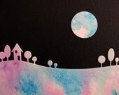 Watercolour Landscape Silhouette. Black Night Sky. Moon. Original Art. 5x5 inches