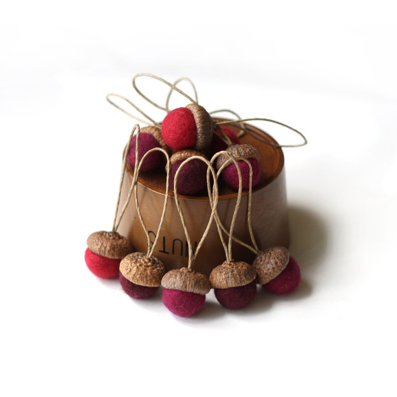 Felted Acorns Ornaments  - set of 10 in festive reds
