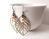 Metal Leaf Earrings with Peach Swarovski Pearl Accent : rustic jewelry, bridal earrings - Summer SALE 20% off