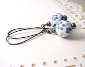 Extra Long Powder Blue Floral Dangle Earrings : ceramic glass, cottage chic - Summer SALE 20% off
