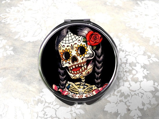 La Novia Day of the Dead Decorated Metal Vanity Pocket Mirror - D233