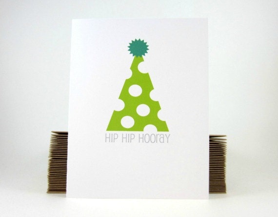 Birthday Card, Happy Birthday Greeting Card, Party Hat, Hip Hip Hooray, Celebration Card- single