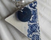 Sea Glass and Beach Pottery Necklace Pendant - Lovely Blues - Victorian
