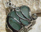 Sea Glass Necklace -  Elephant Locket Aqua Blue SeaGlass Necklace Pendant