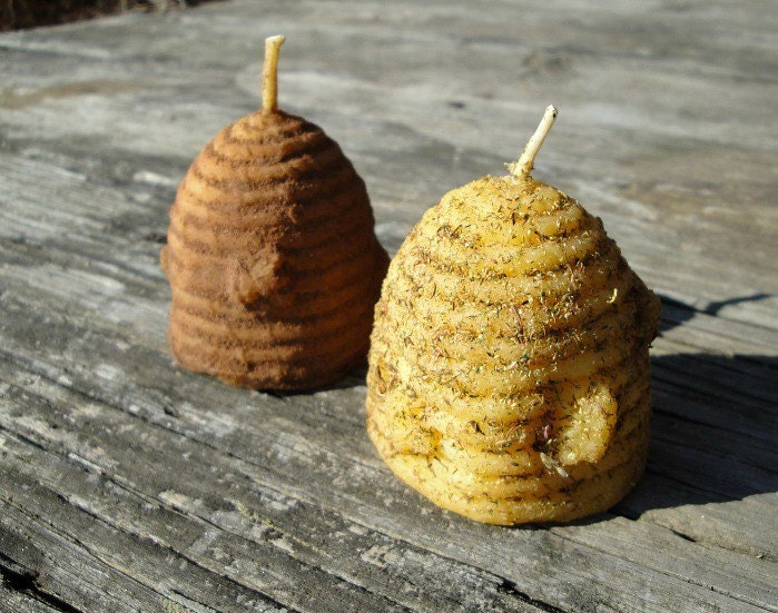 Bee Skep Shaped Beeswax Candle- made with pure beeswax rubbed with sweet annie blossoms or spice blend