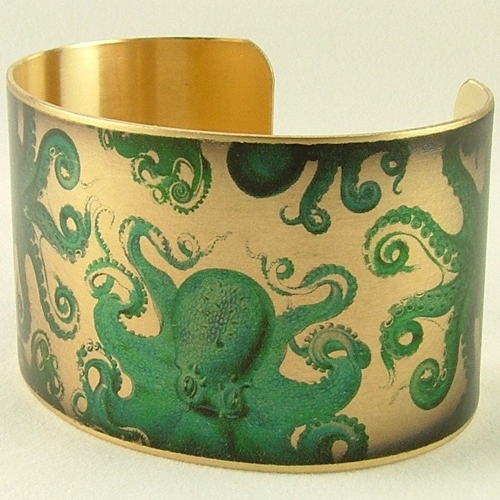 Octopus Jewelry Brass Cuff Bracelet with Mythical Kraken Sea Monster in Turquoise