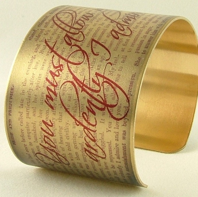 Jane Austen Jewelry Pride and Prejudice Literary Book - Marriage Proposal - Brass Cuff Bracelet in Red