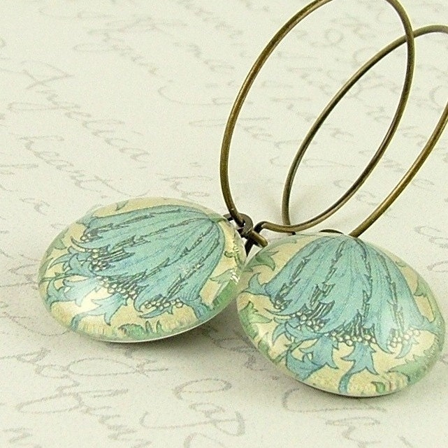 Glass Dangle Earrings - William Morris Anemone Blue Flower - Arts and Crafts Movement