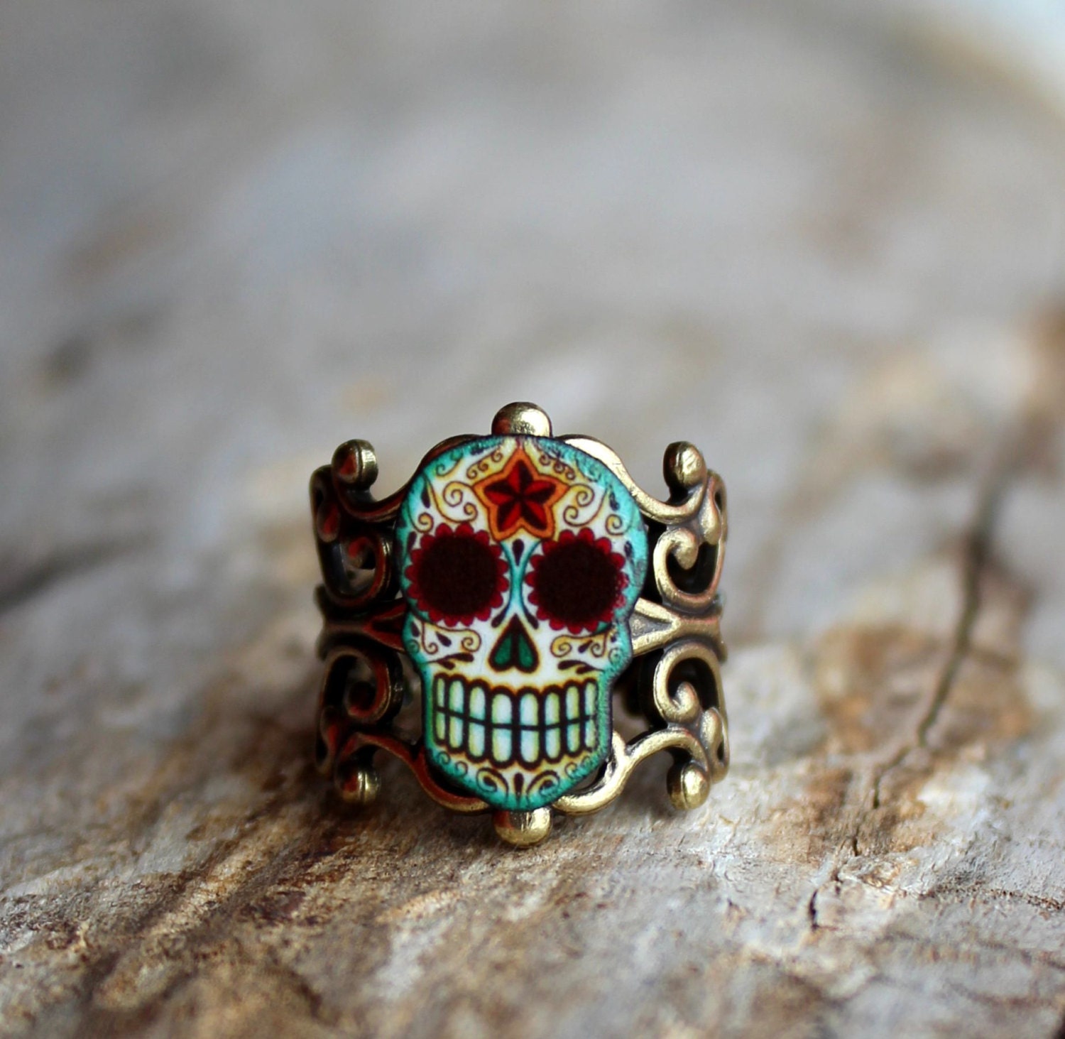 Dia de los Muertos Filigree Sugar Skull Ring in an Antiqued Brass Finish