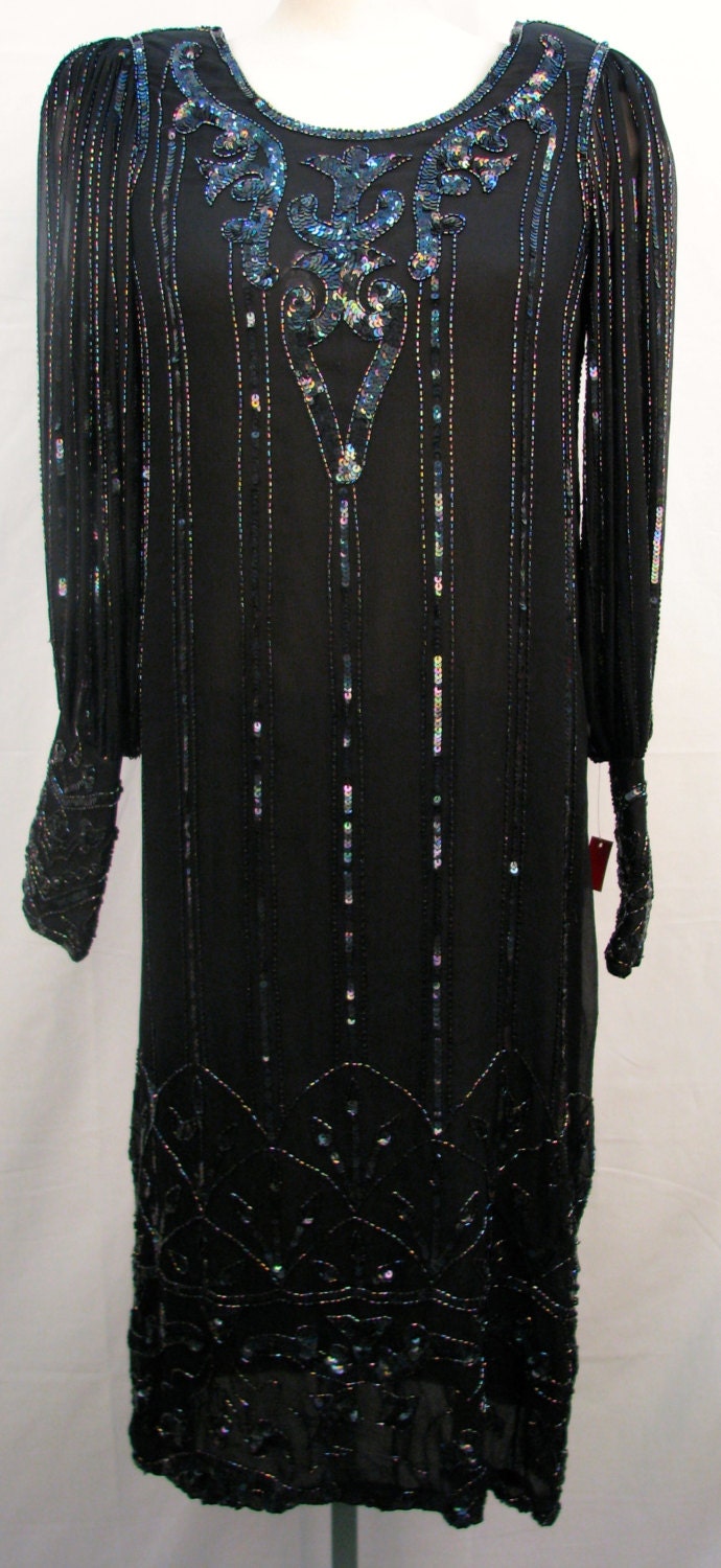 Black Sequinned dress Flapper Style silk