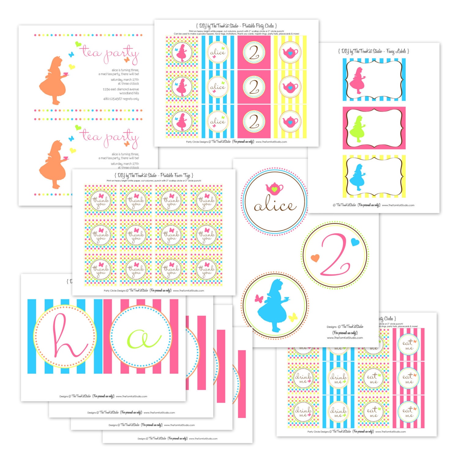 Alice in Wonderland Birthday Party Printable Full Collection by The TomKat Studio