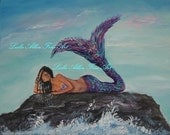 Mermaid Painting Original Canvas  Mermaids Turquoise Aqua Purple Tail Ocean Seascape Fantasy "Daydreaming Mermaid" Leslie Allen Fine Art