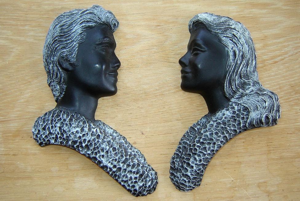 early 1960s Hawaiian black coral man and lady for your wall - charity for animals